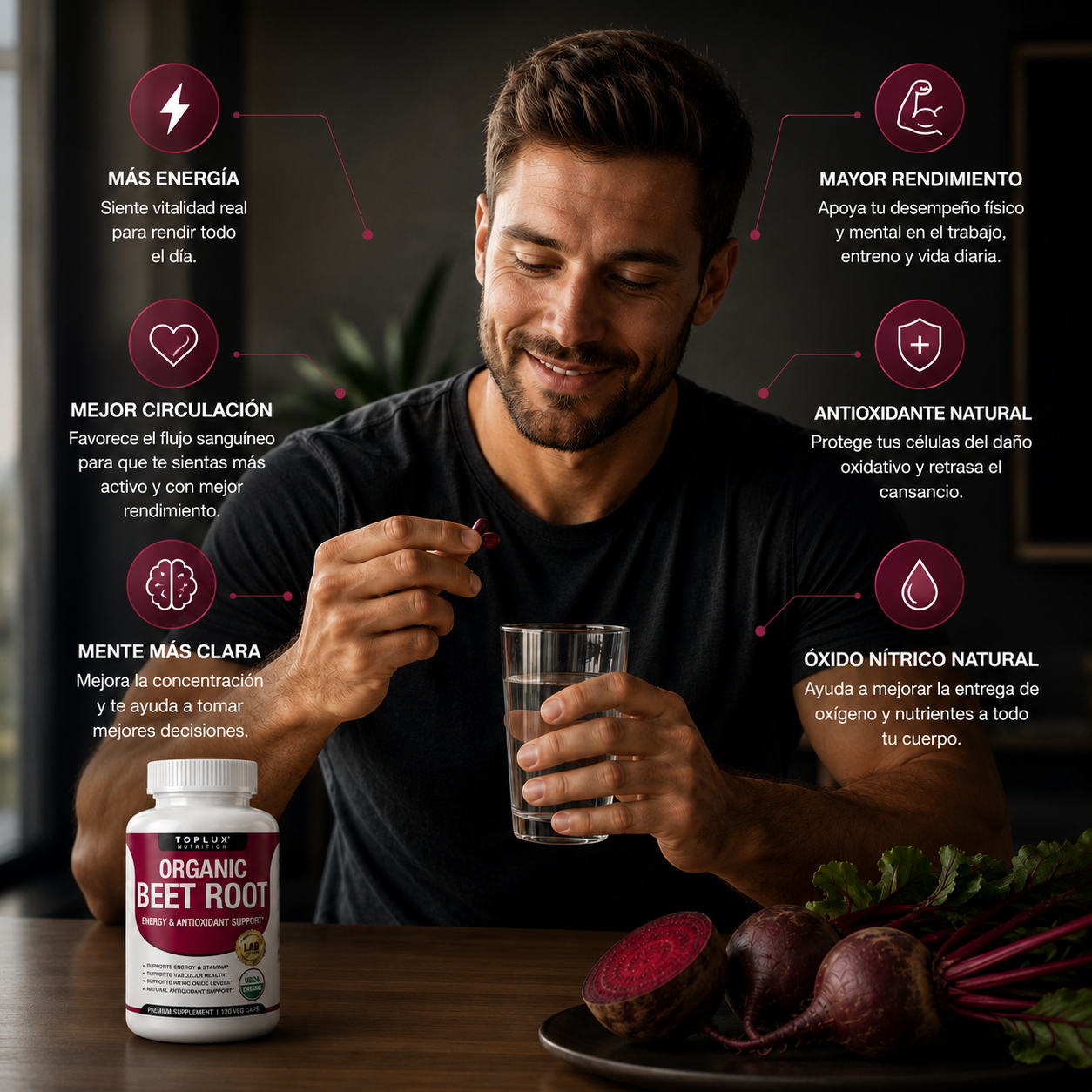 Toplux Organic Beet Root Capsules: Energía y Circulación Natural